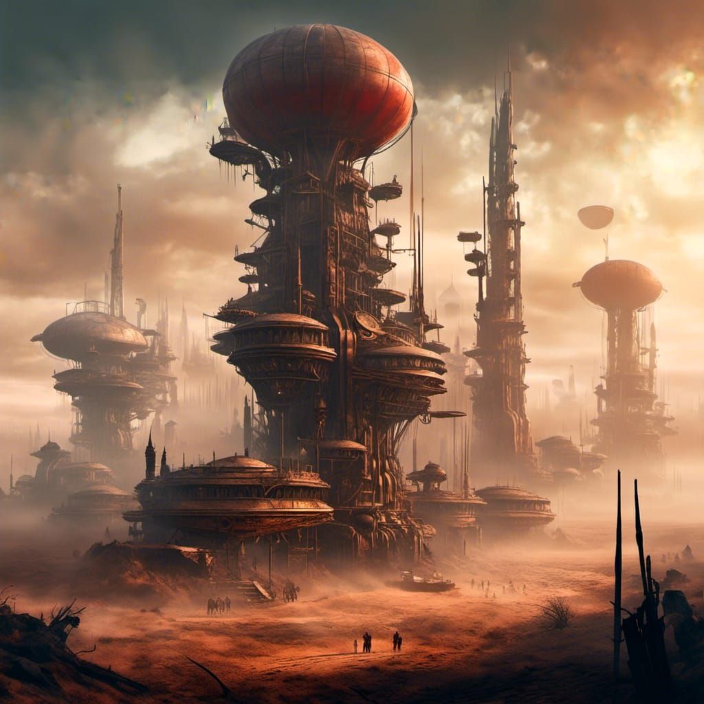 Steampunk Martian Colony with Airships on Mars