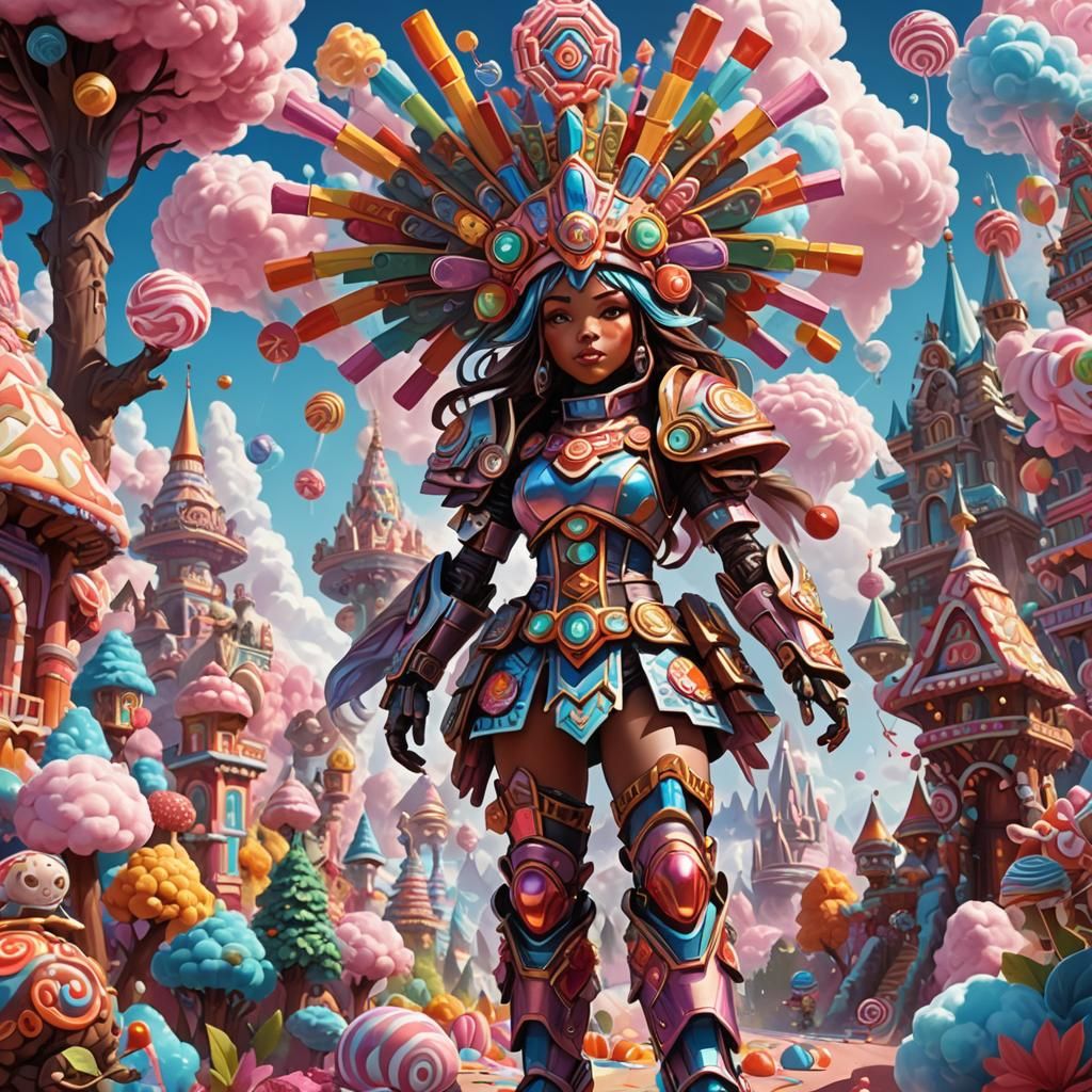 Mecha Girl in Aztec Robotics Amidst Candy Wonderland