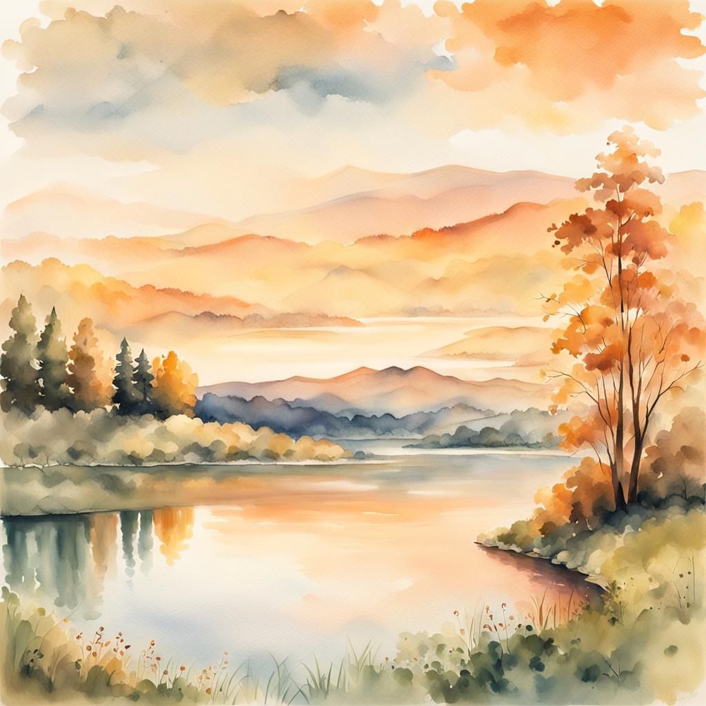 Peaceful Sunset Over Lake in Watercolor Style