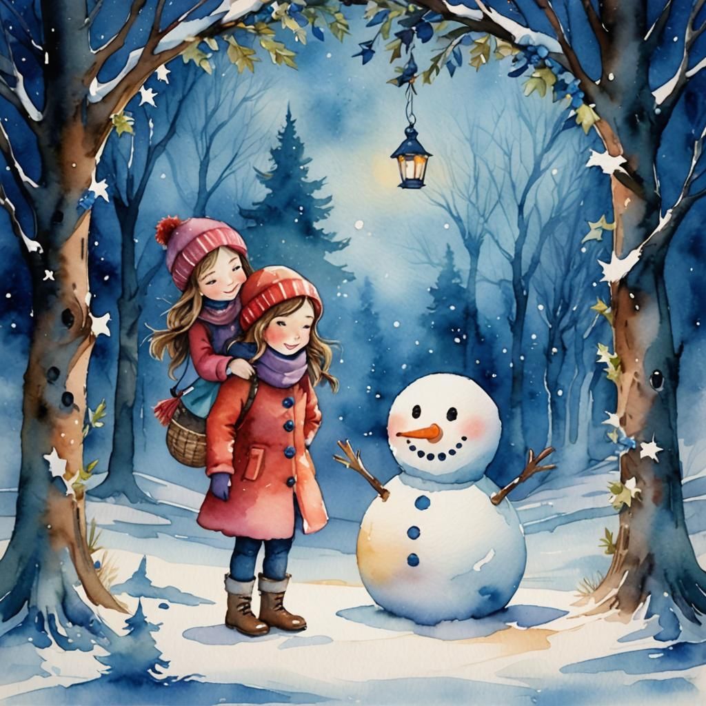 winter watercolor fantasy christmas arch and garland on the ground and features girl and snowman under cold, sapphire ho...