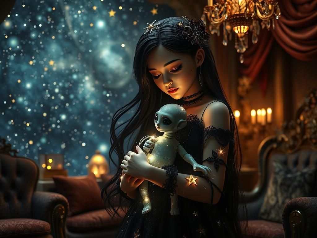 Goth Starlight Maiden with Dolls, Dreamlike Art