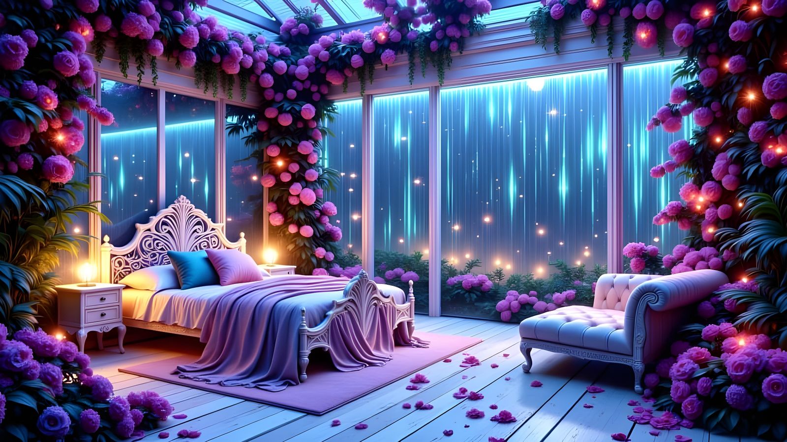 Neon Futuristic Bedroom Conservatory with Bioluminescent Flo...