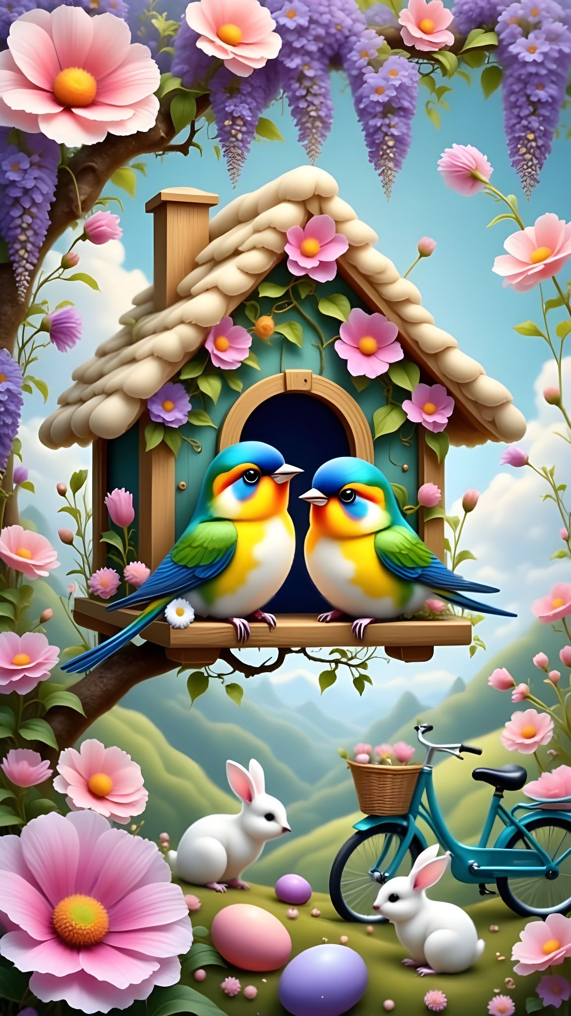 Adorable Baby Birds in Whimsical Spring Birdhouse Scene
