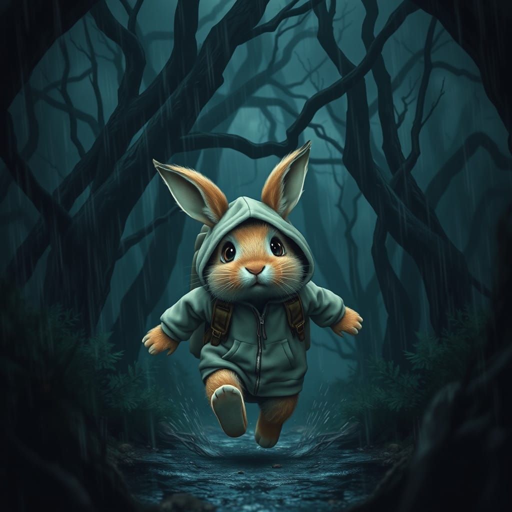 Fluffy Rabbit Sprints Through Dark Forest in Stormy Night