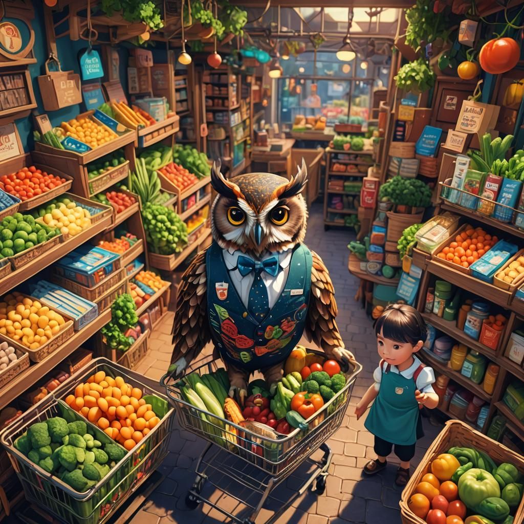 Shopping Owl in Whimsical Fantasy Art Style