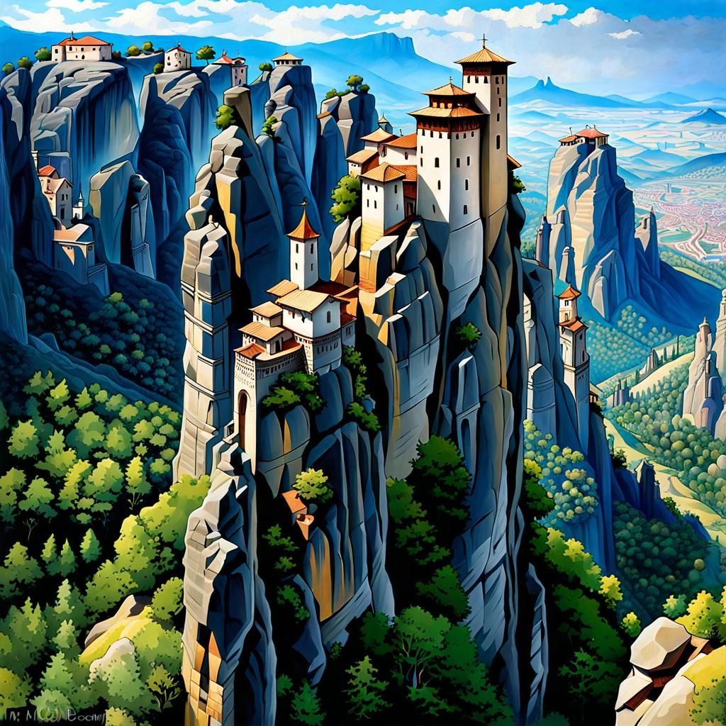 Sorceress at Meteora Monasteries: Fantasy Concept Art