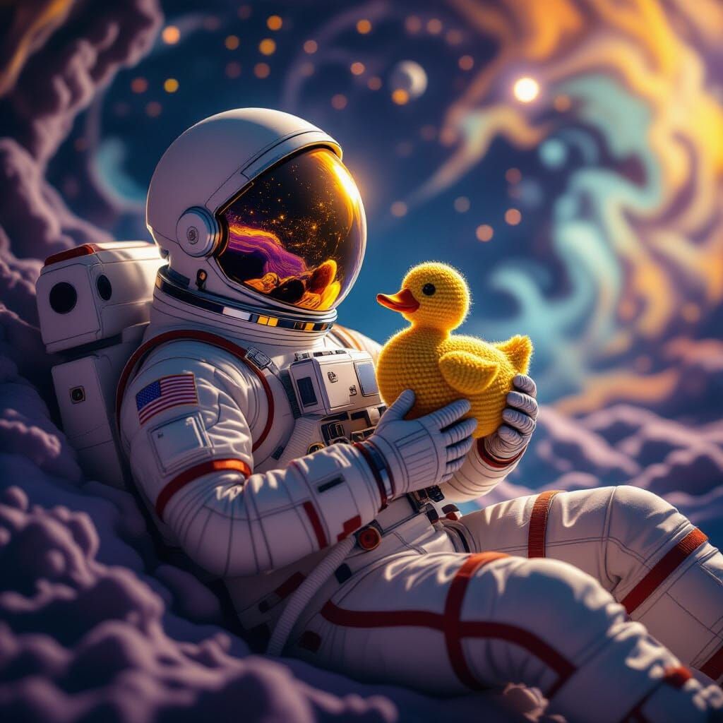 Astronaut with Moonlight Crochet Duck in Deep Space