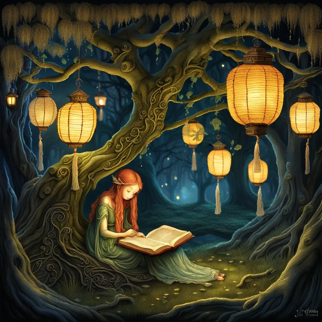 Enchanting Fairy Reading Under Lantern Light