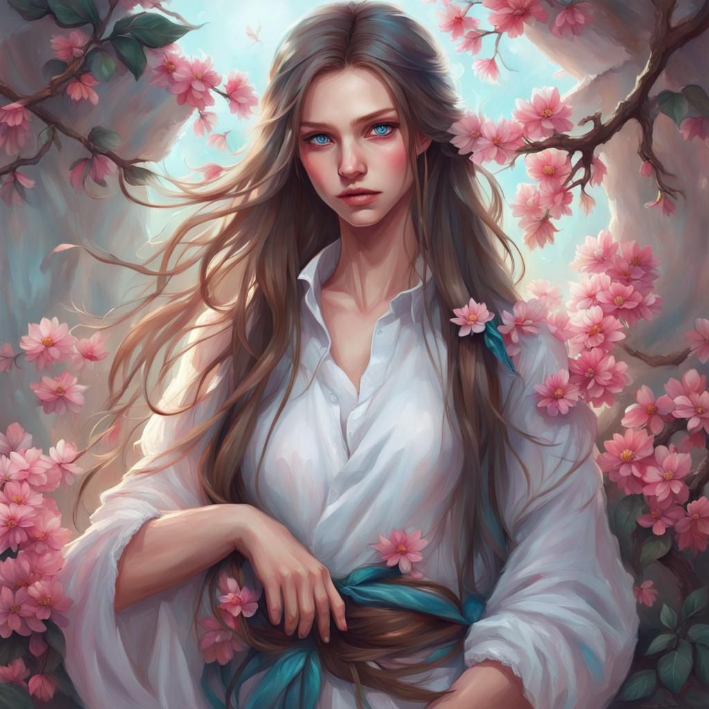 Fantasy Portrait of Woman with Flowers, Digital Art