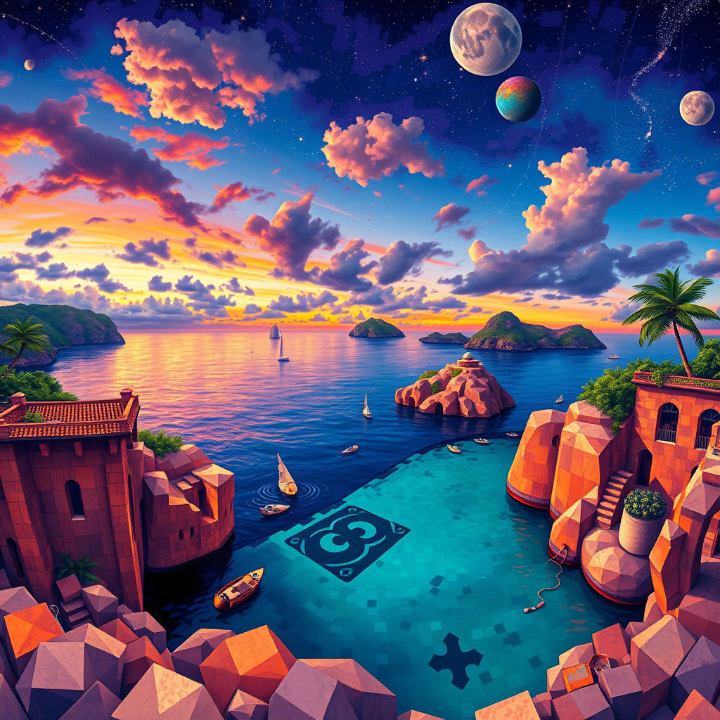 Mosaic Tiled Tropical Islands at Dusk: Impasto Art