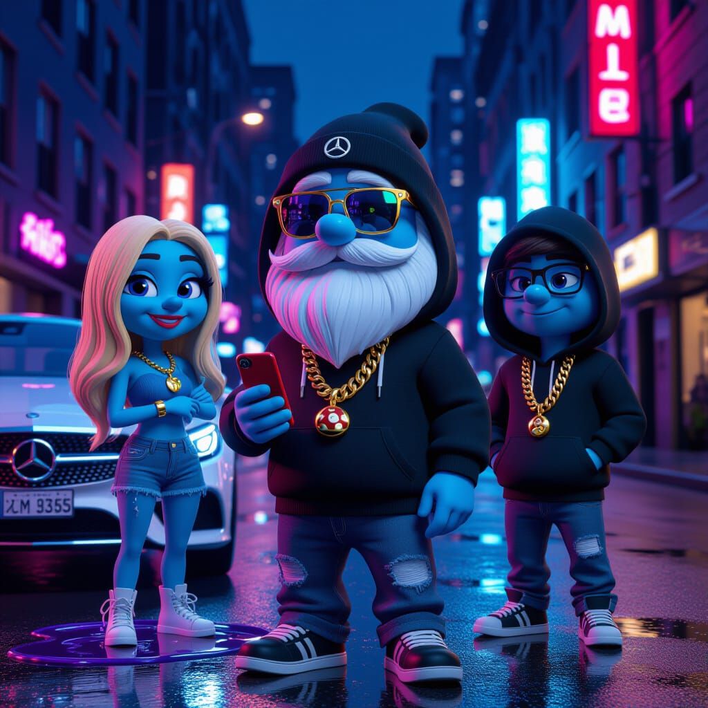 Urban Smurf-Inspired Characters on Neon Street