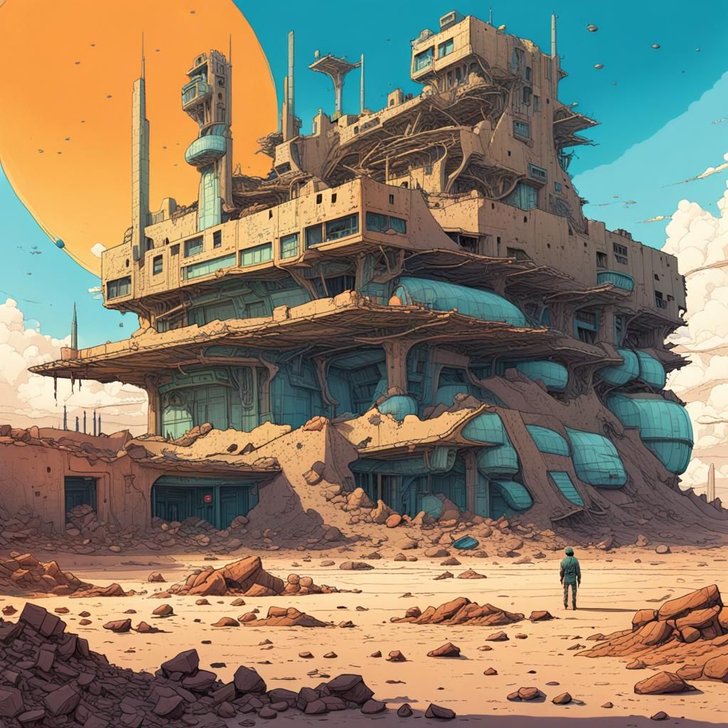 Desert Planet Military Base Illustration in Ligne Claire Sty...