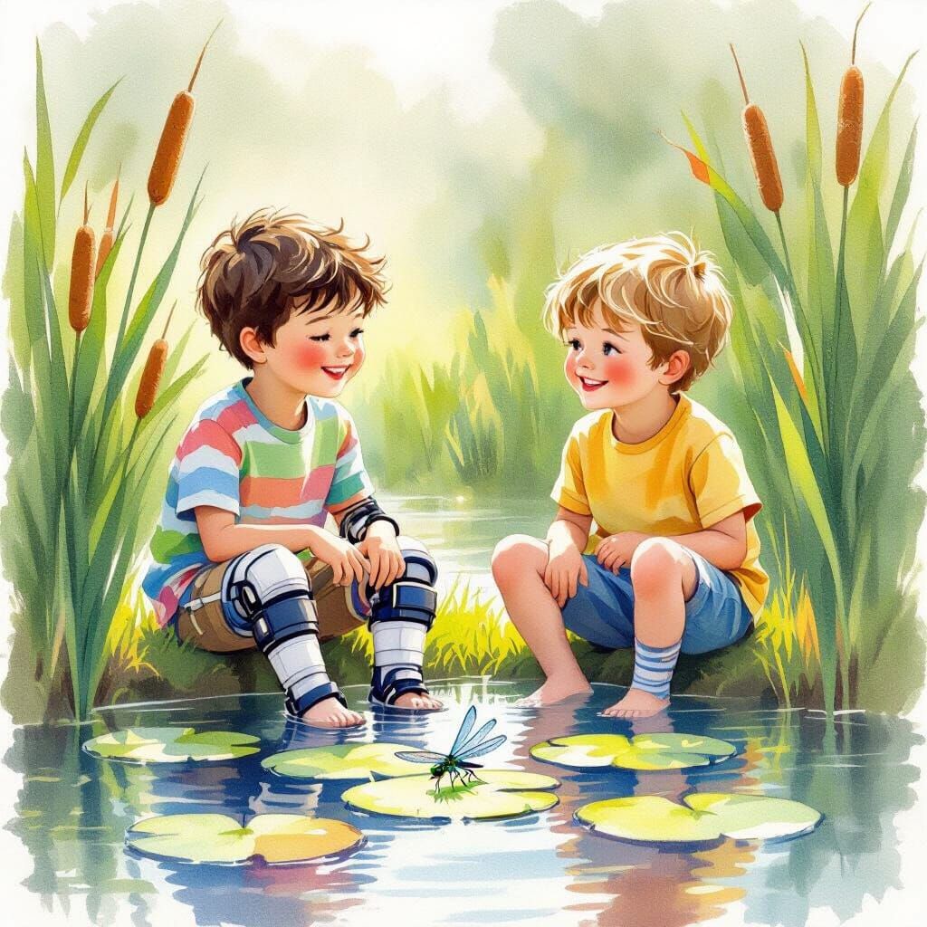 Boys by Pond Watch Dragonfly in Watercolor Style