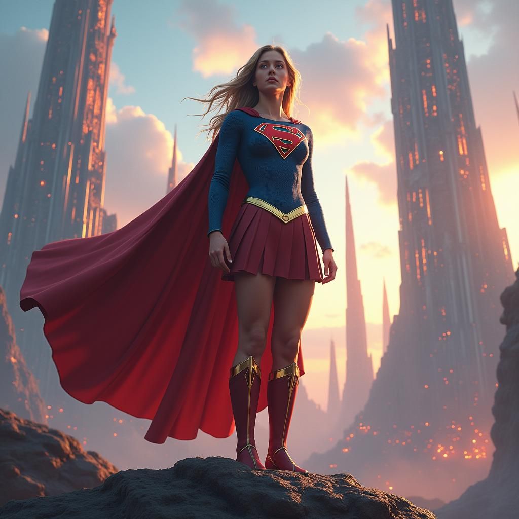 Regal Supergirl with Kryptonian Symbolism in Alien Cityscape