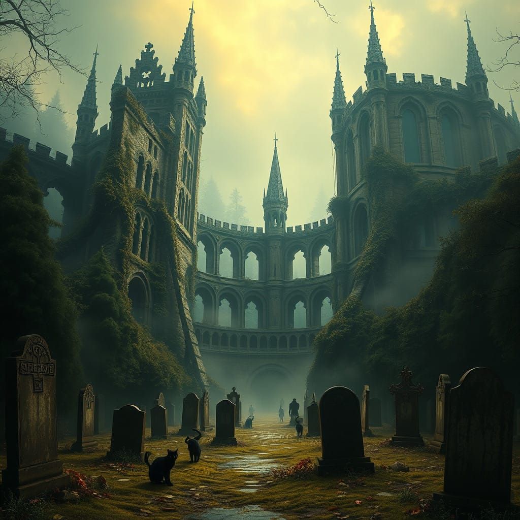 Haunted Castle at Dawn, with Ghosts and Black Cats