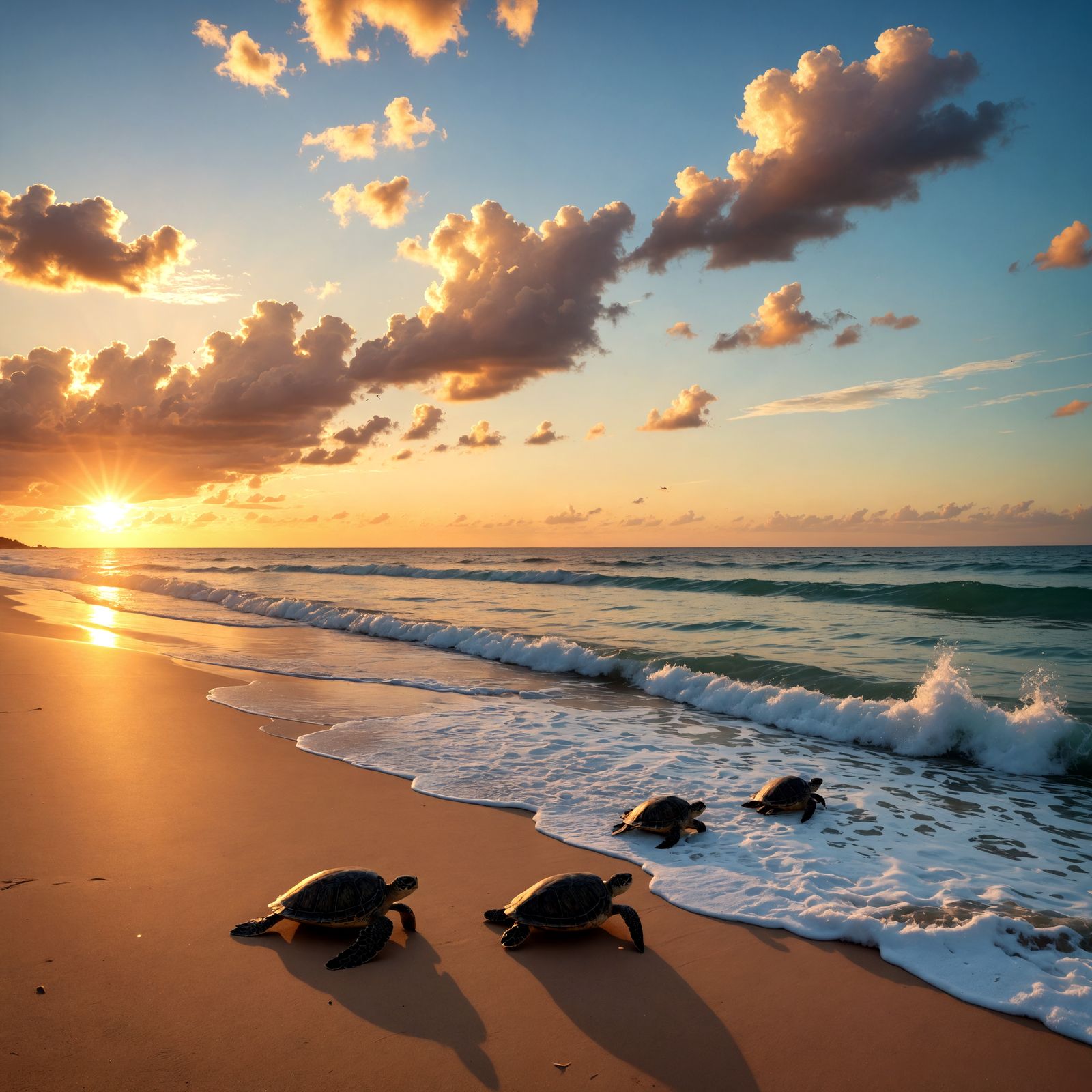 Sunset Beach Scene with Sea Turtles