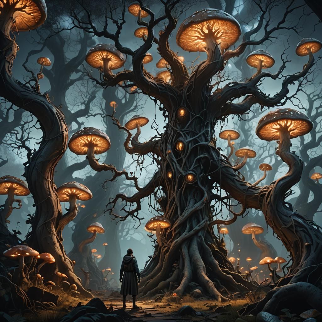 Eerie Figure in Twisted Garden: Fantasy Concept Art