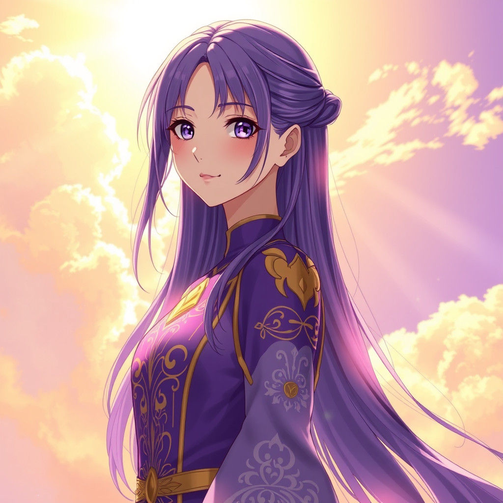 Anime Girl in Purple and Gold Uniform in Sunlight