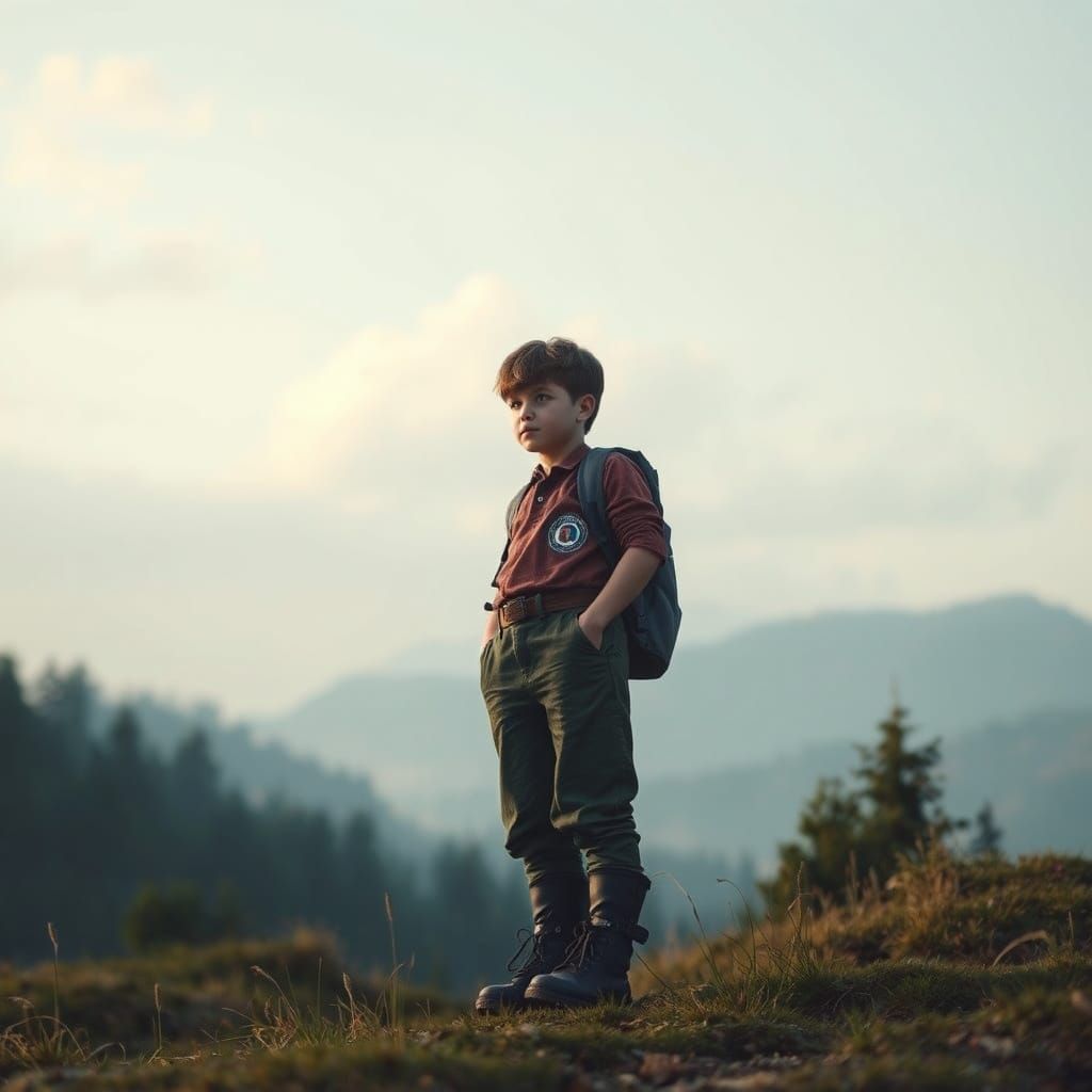 Man in Landscape, Nostalgic Sci-Fi Art Style