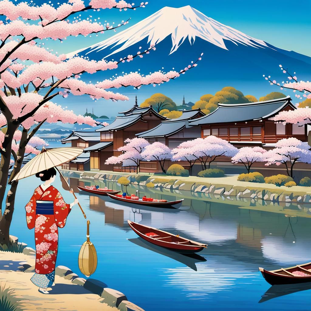 Edo-Period Japanese Village with Cherry Blossoms