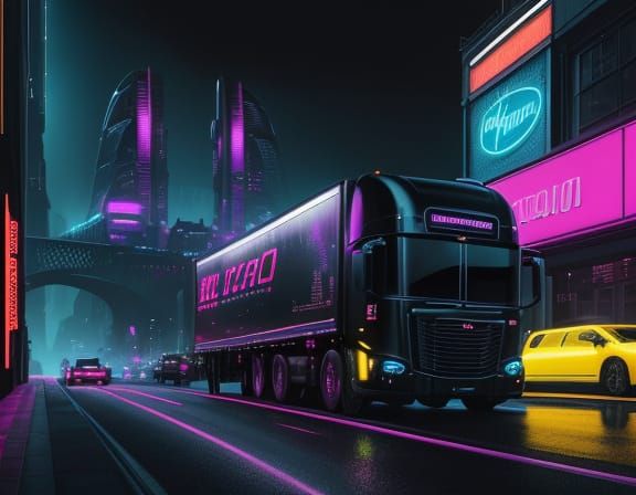 Vintage Truck in Neon Futuristic Cityscape