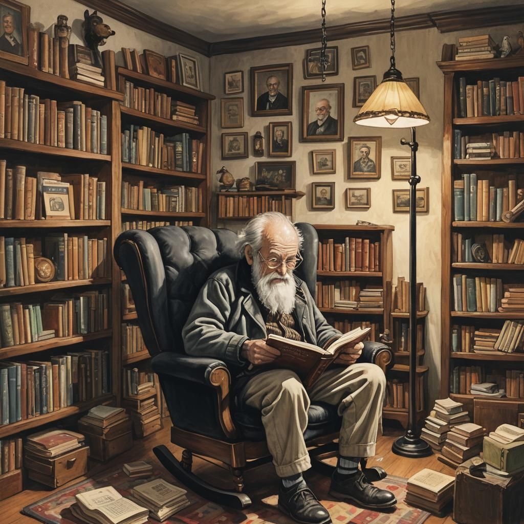 Cozy Old Man Reading Book in Warm Room