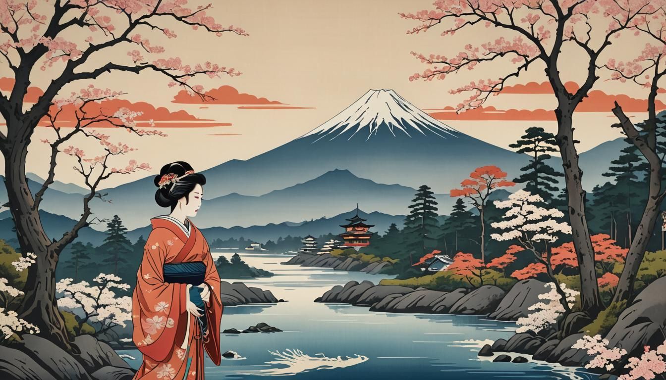 Ukiyo-e Landscape: Mount Fuji in Woodblock Style