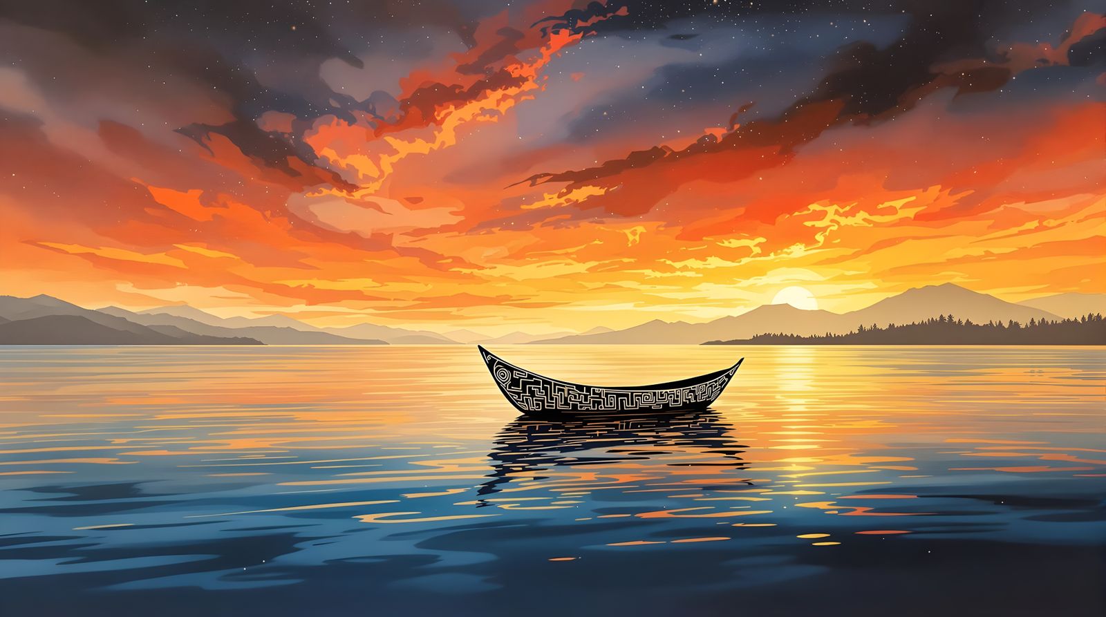 Serenely Adorned Sunset Lake Voyage in Sumi-e Ink and Gold L...