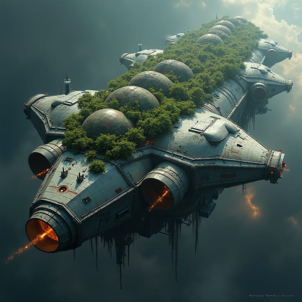 Armored Starship with Forest Domes Drifting in Space