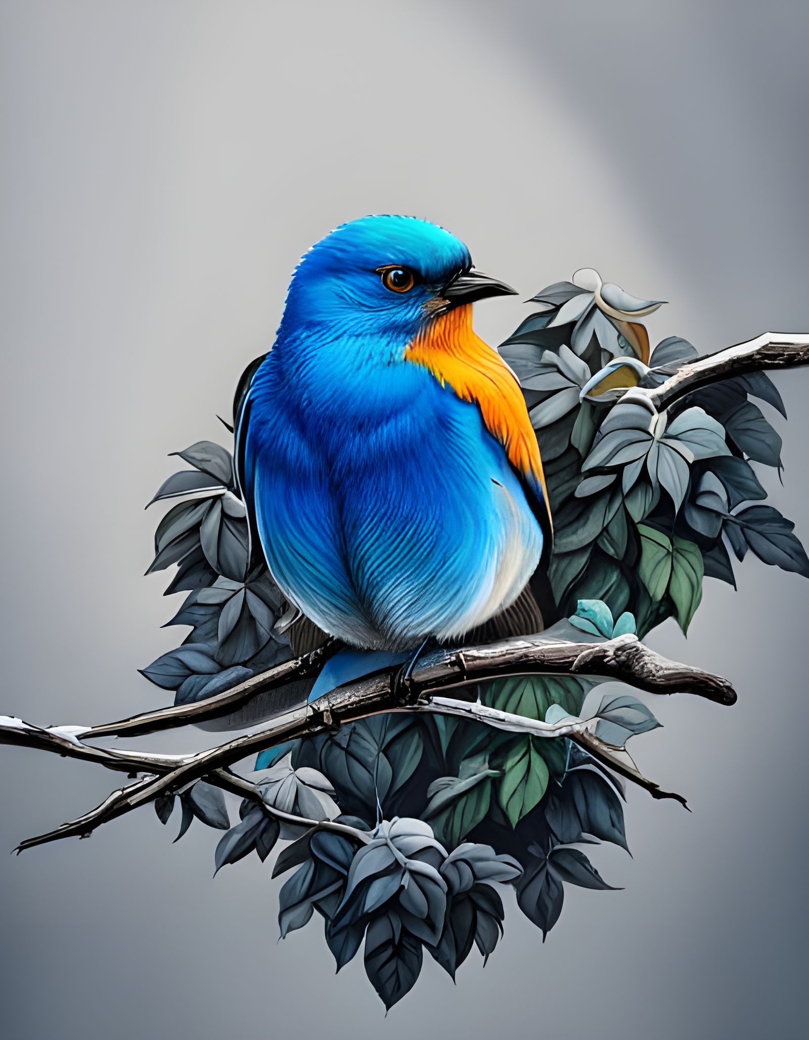 Epic Blue Bird in Crescent of Trees: Detailed Ink Drawing