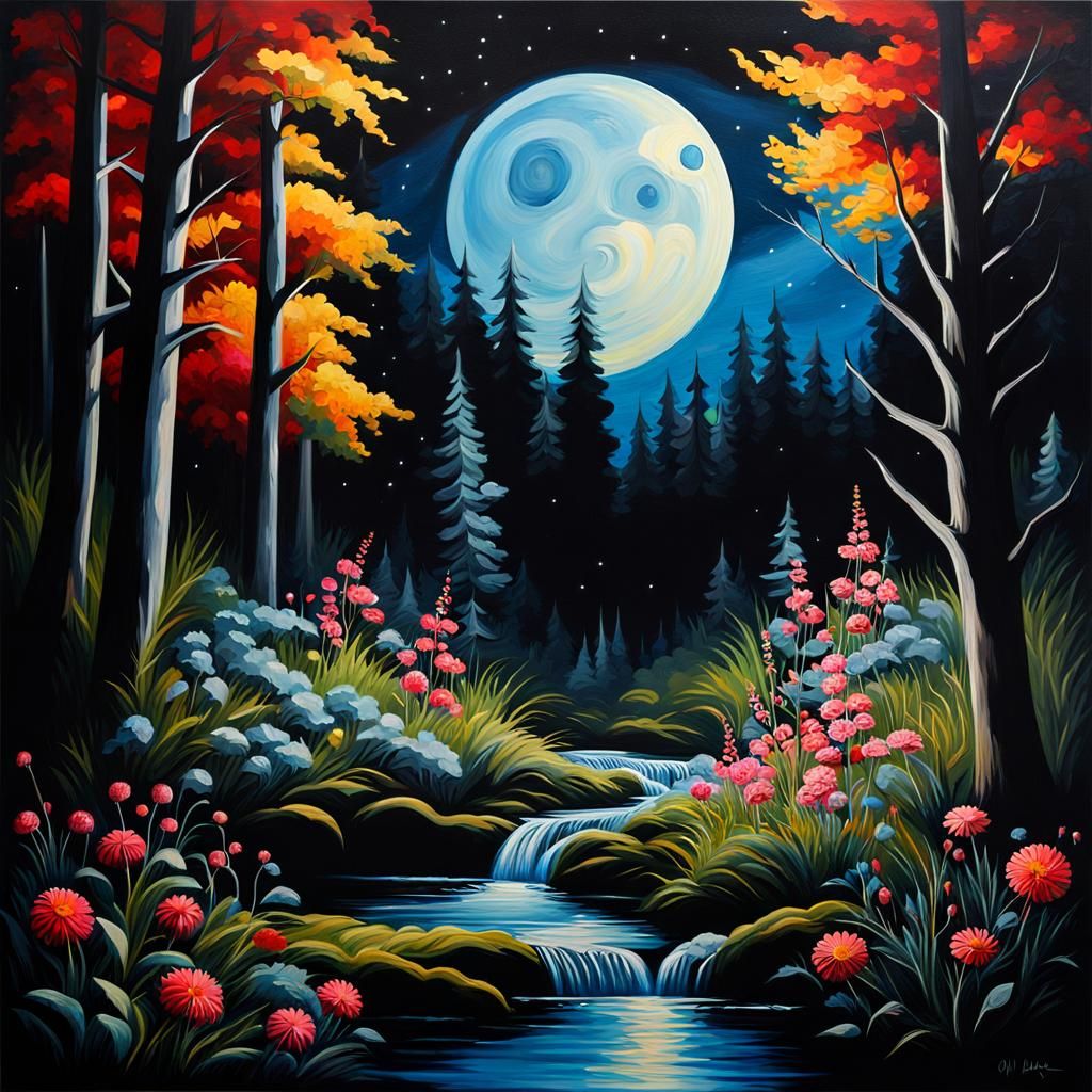 Eerie Forest Landscape at Night in Modern Oil Painting