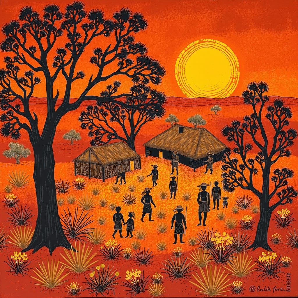 Aboriginal Village Scene in Earthy Australian Landscape