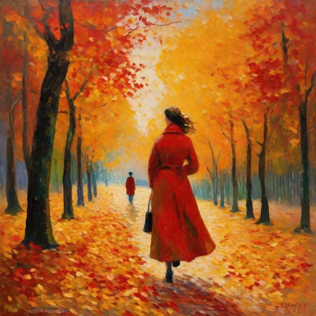 Autumnal Woman in Park: Neo-Impressionist Oil Painting