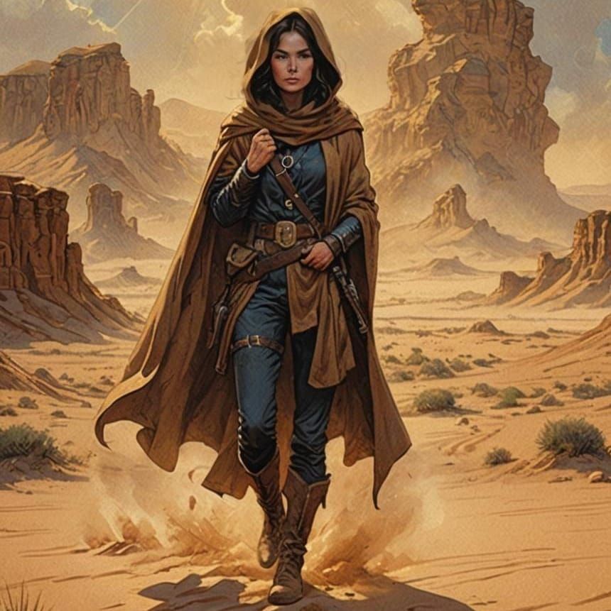 Brunette Woman's Desert Trek: Vintage Pulp Illustration