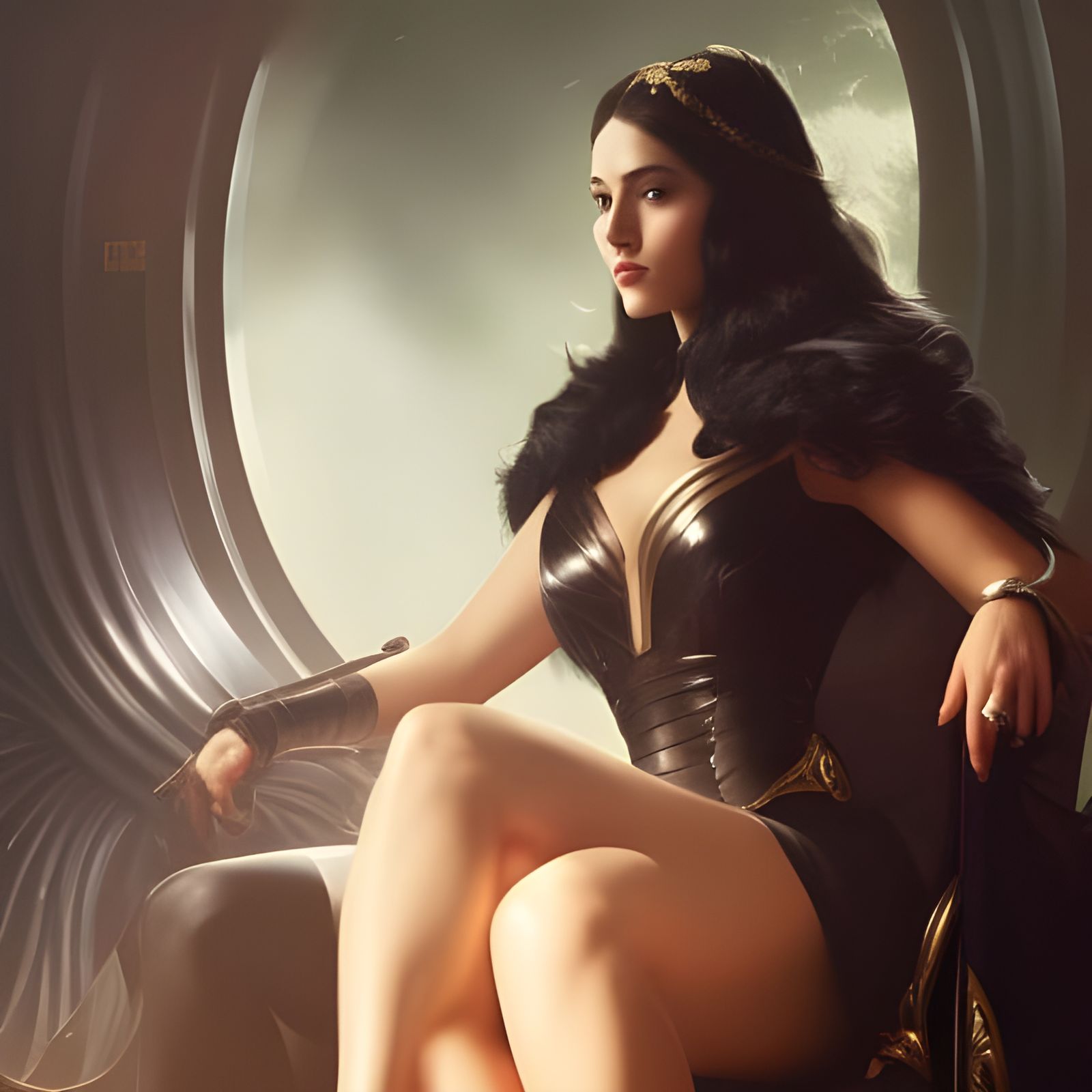 Brunette Woman on Dark Throne, Hyperdetailed Art