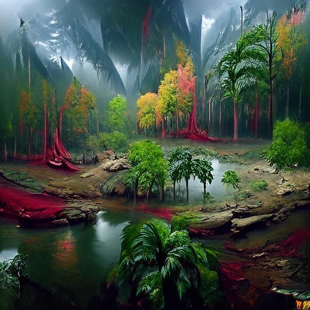 Lush Rainforest Oil Painting with Godrays
