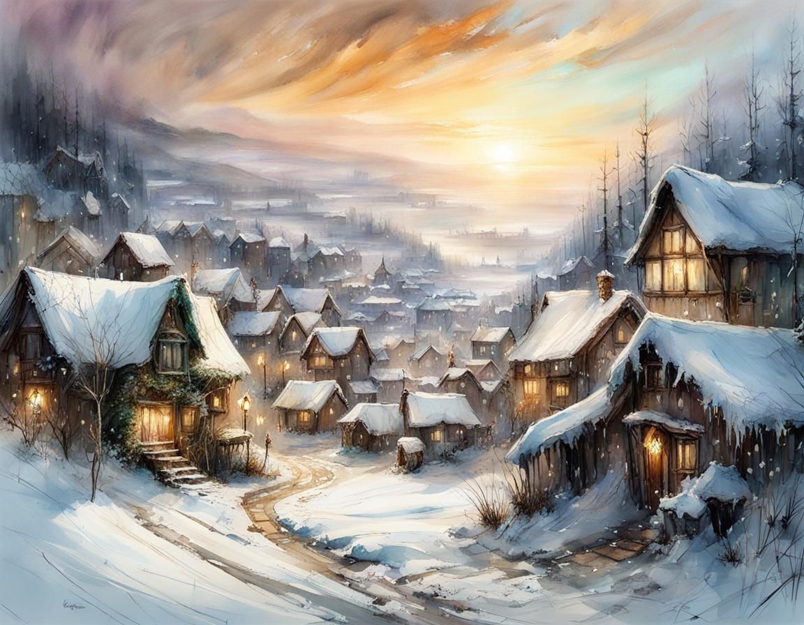 Snowy Fantasy Village in Watercolor Style