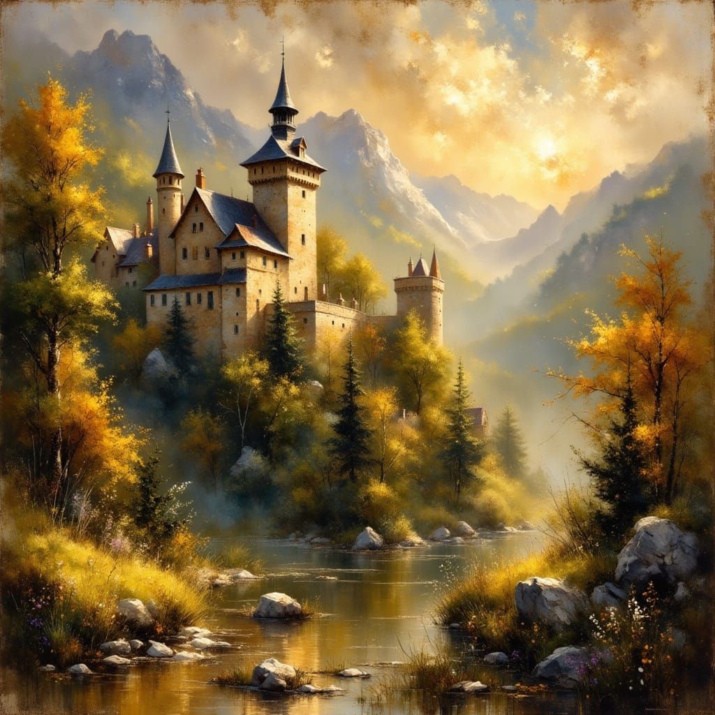 Majestic Castle Above Village at Golden Hour