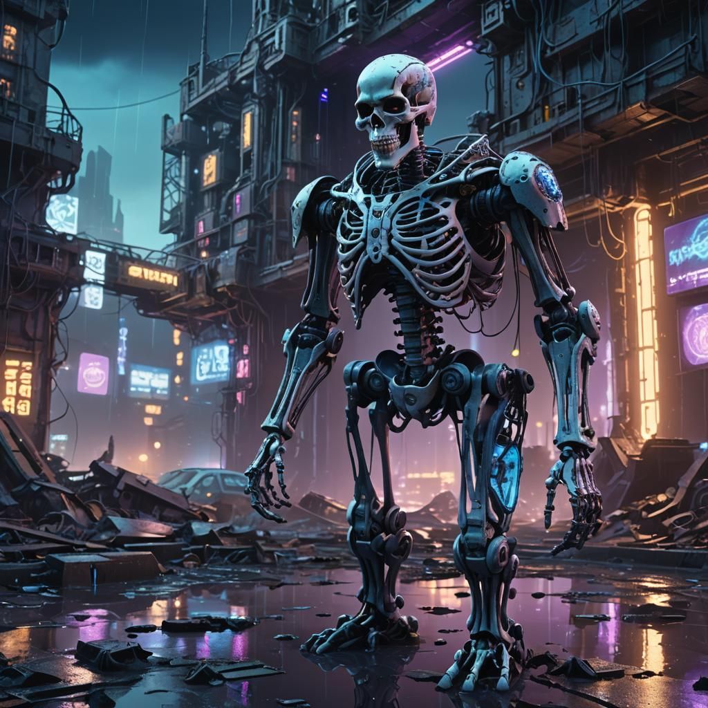Skeleton Wizard in Ruined Sci-Fi Cityscape