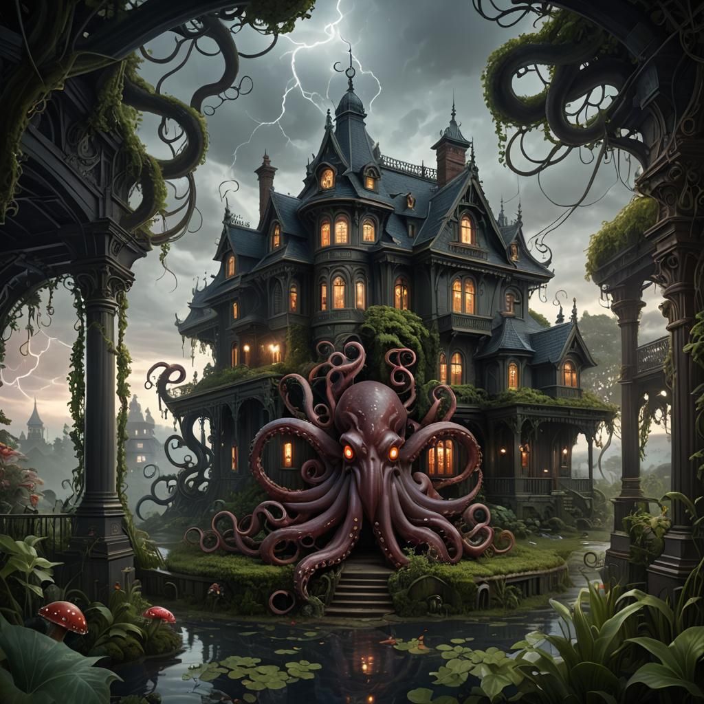 Octopus in Victorian Cottage: Dark Fantasy Art Nouveau