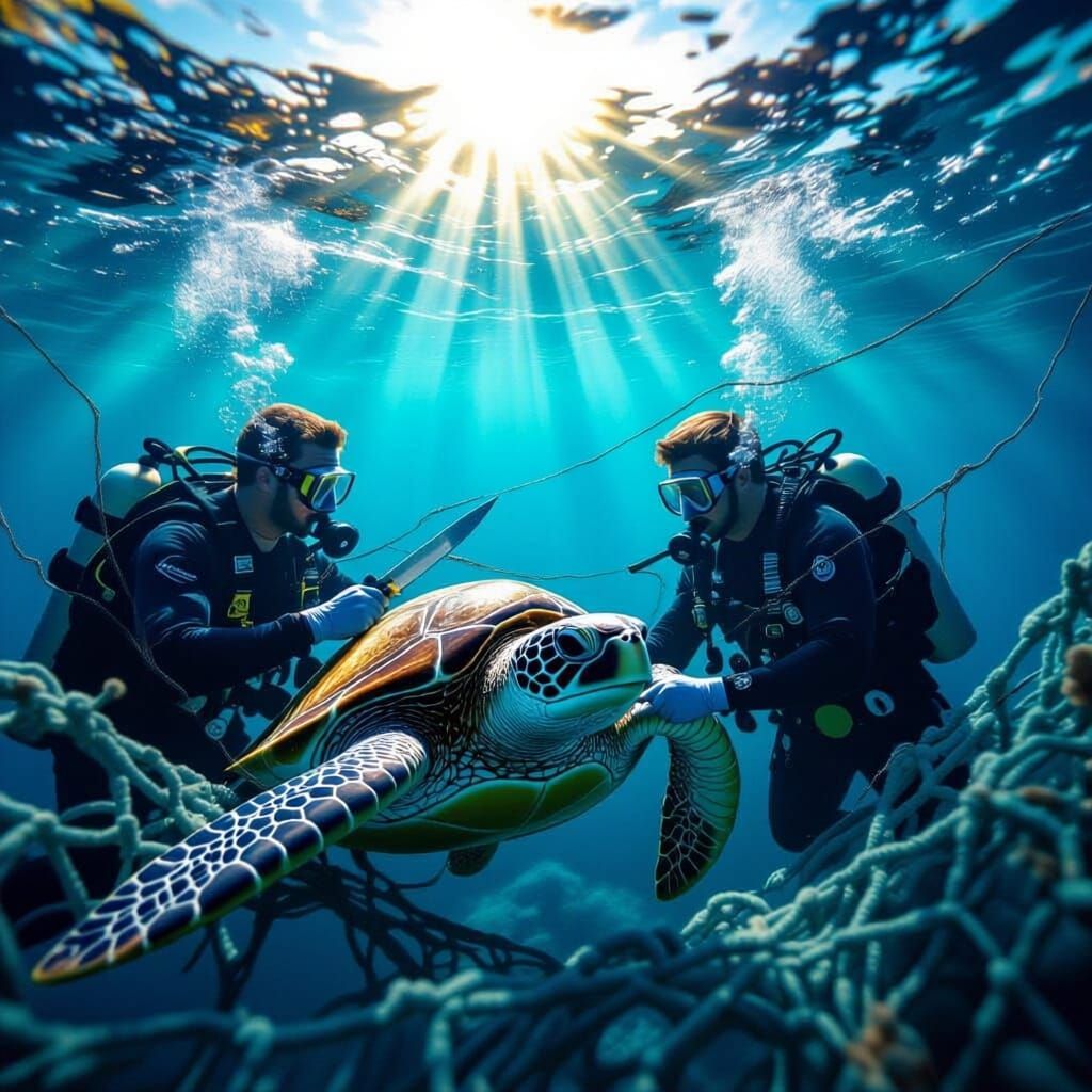Divers Rescue Sea Turtle Trapped in Ocean Netting