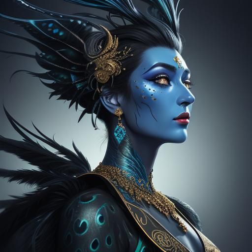 Woman Dragon Portrait with Peacock Feathers in Surreal Style