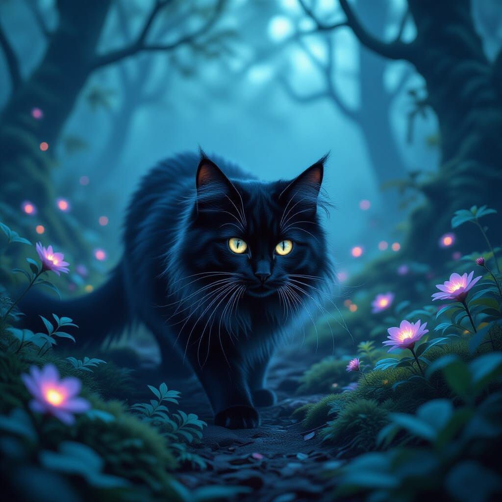 Fractal Cat Exploring Bioluminescent Forest