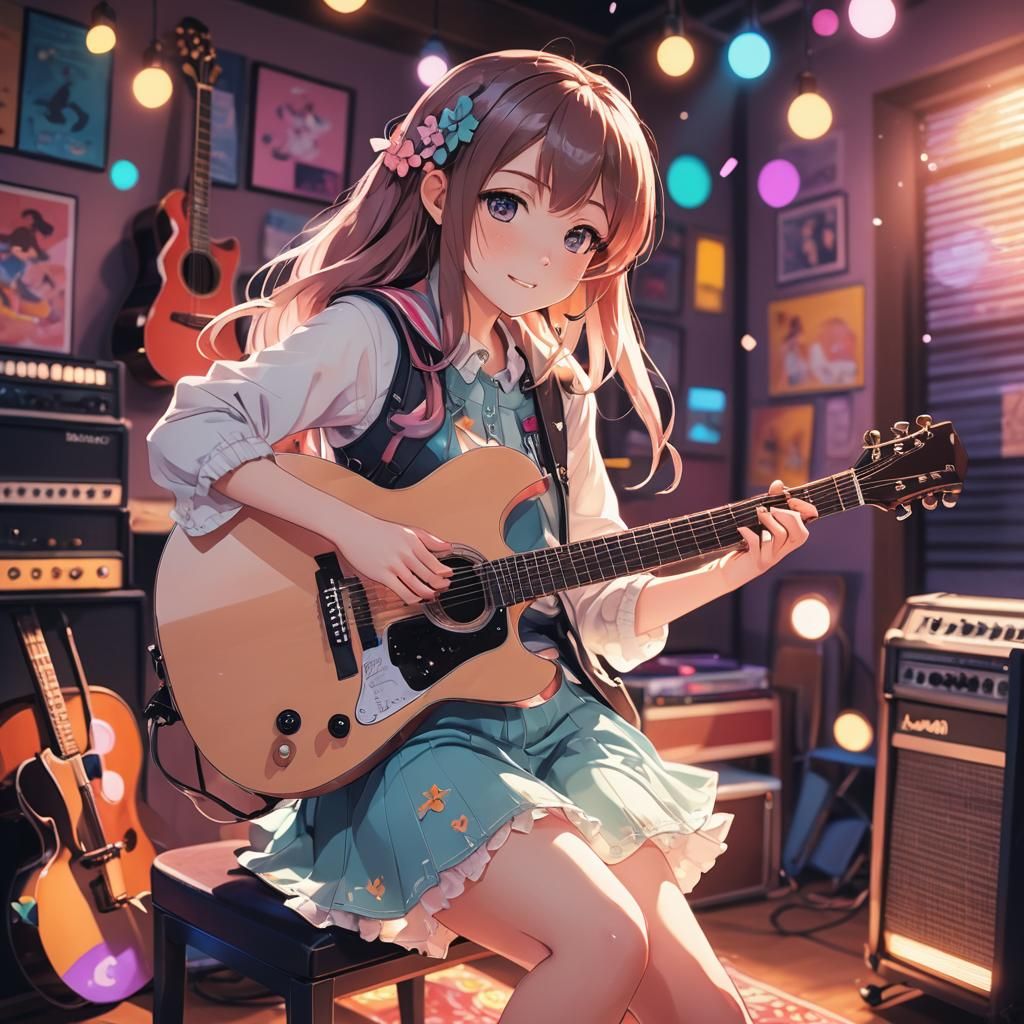 Cute Anime Girl Playing Guitar in Vibrant Room