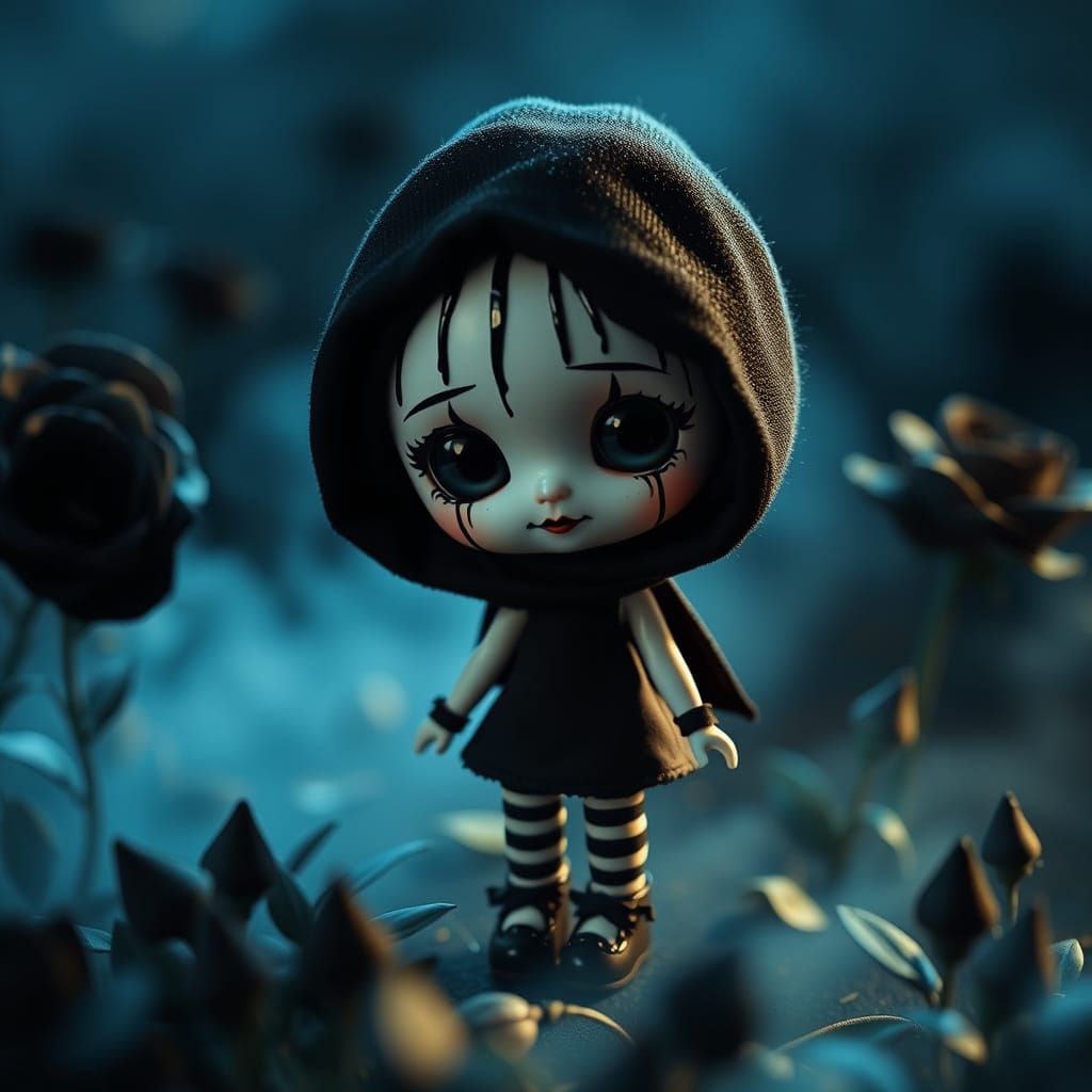 Whimsical Chibi Mime Doll in Dark Gothic Setting