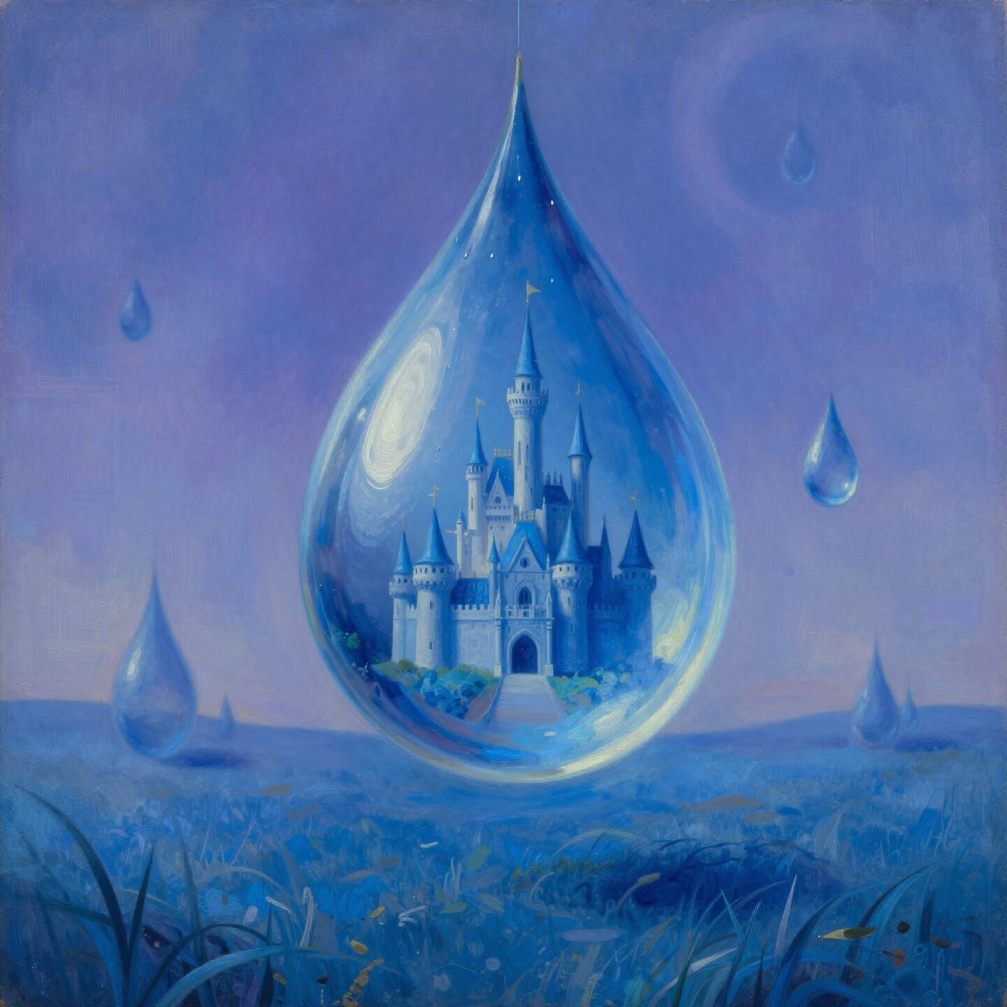 Surreal Blue Castle in Ethereal Raindrop Painting