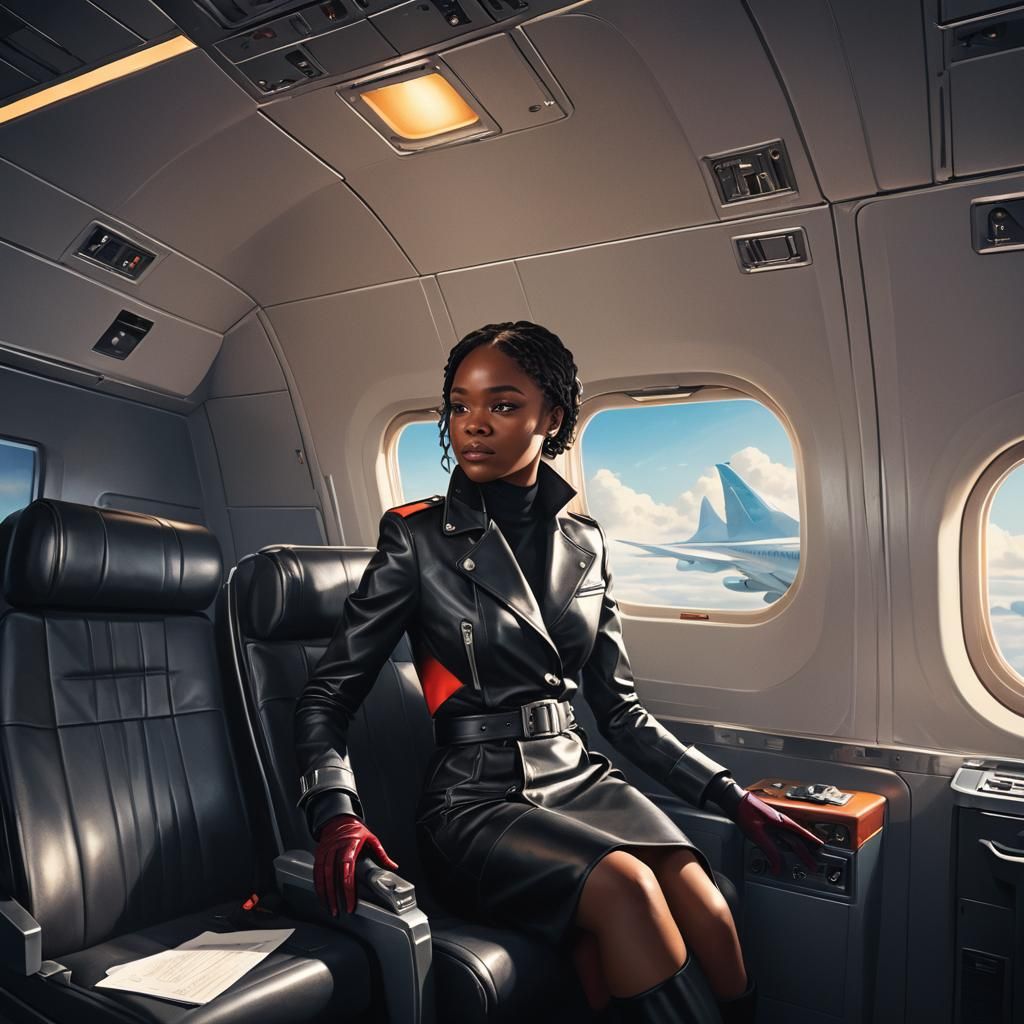 Kemi Badenoch in Black Leather Suit in Airplane
