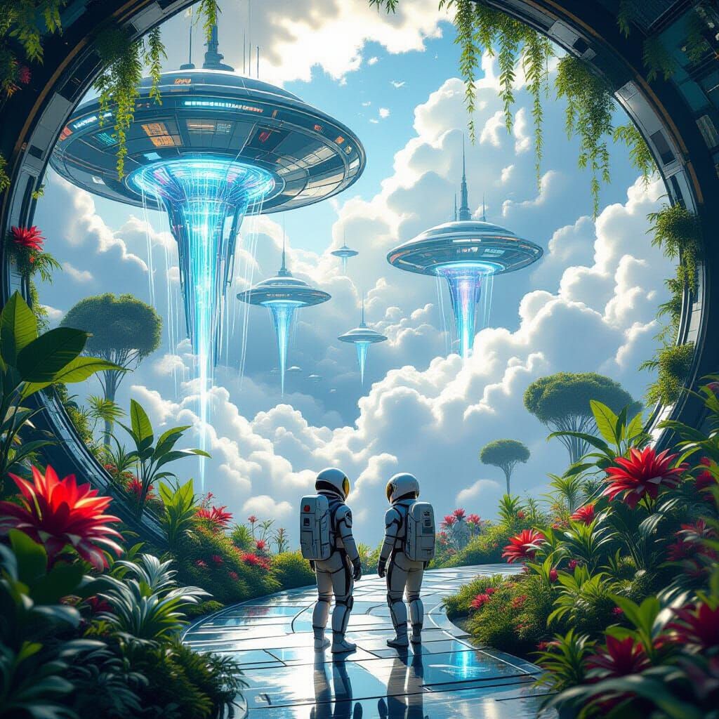 Futuristic Botanical Garden Floating in Clouds as 3D Render