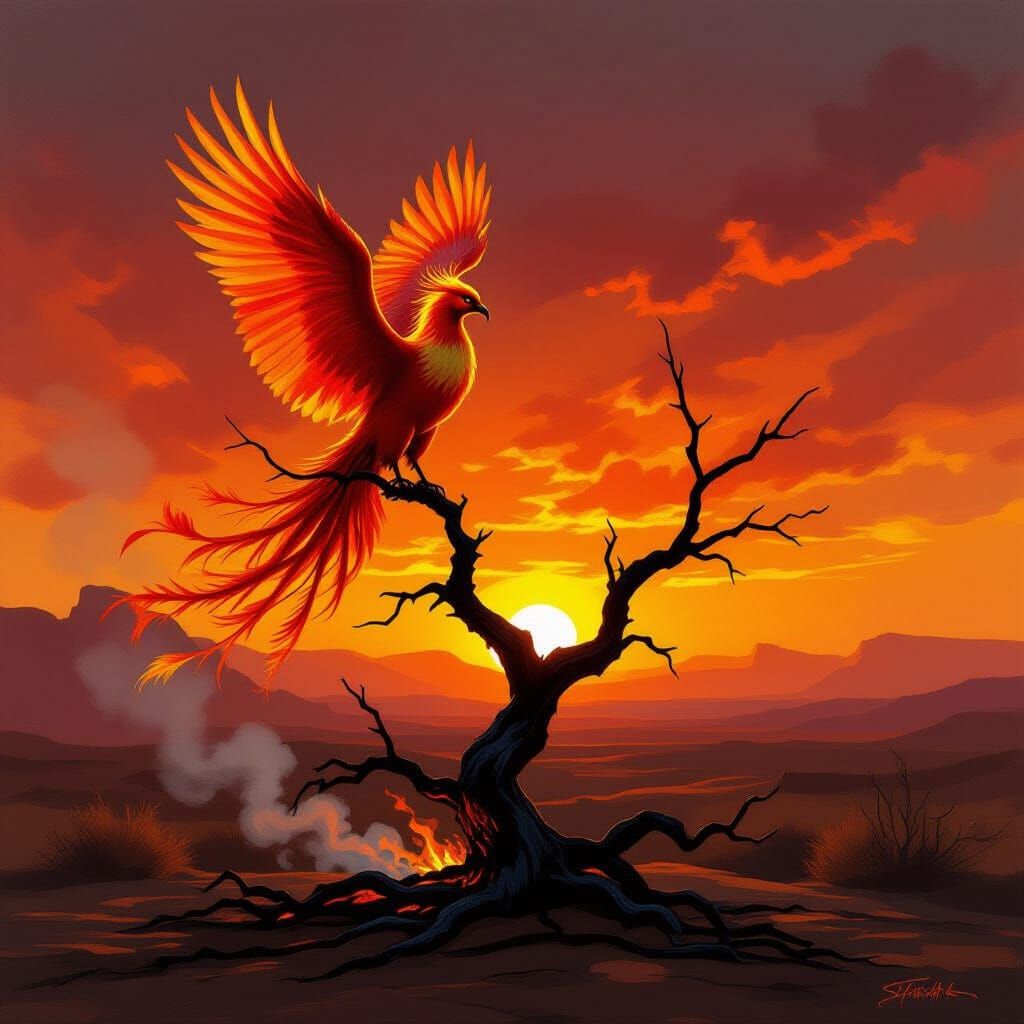 Fiery Phoenix on Burnt Tree at Desert Sunset