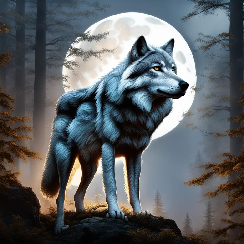 Silver Wolf in Foggy Forest, Hyperrealistic Concept Art